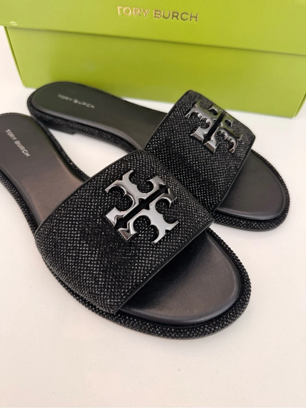 Tory Burch Everly Crystal Slide Sandals Black Women’s RUNS SMALL Size 9